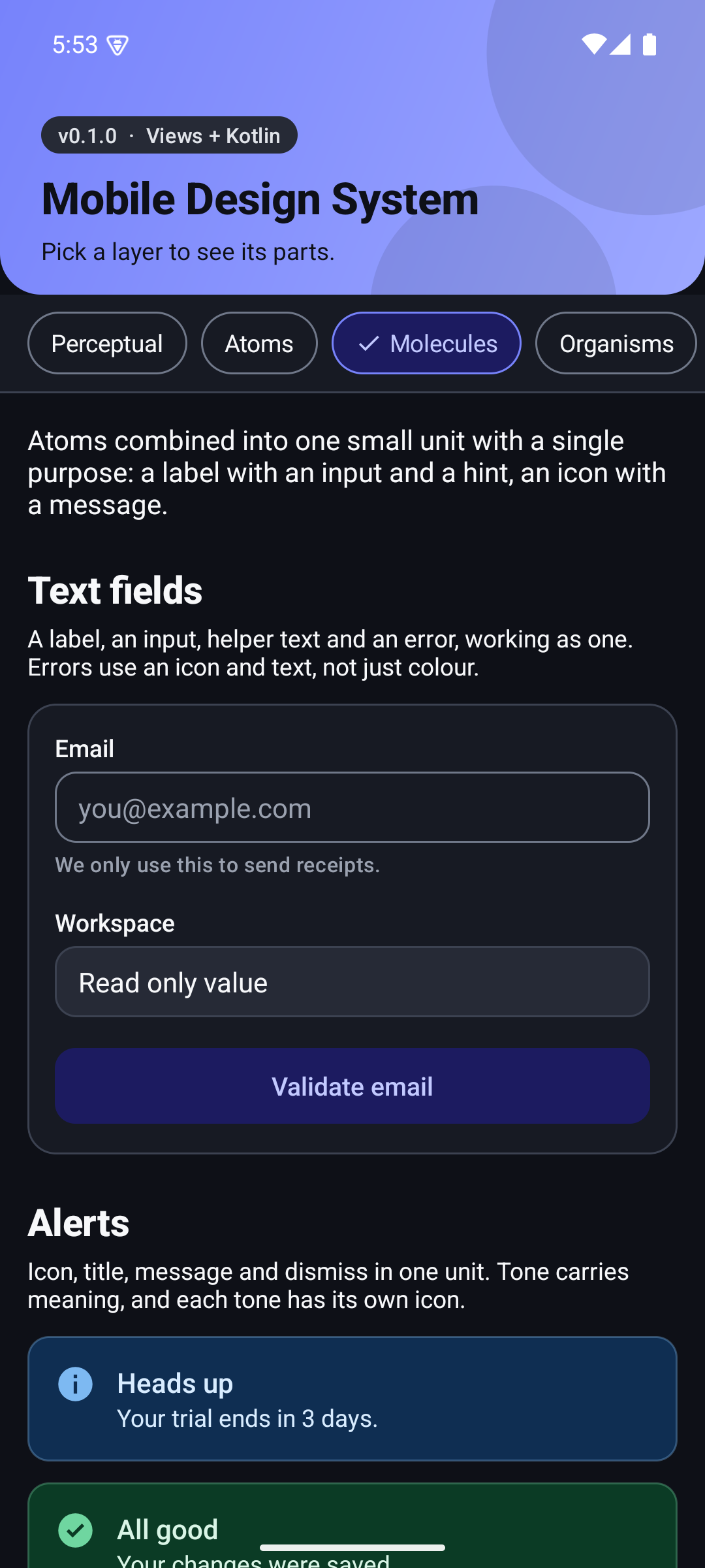 Molecules tab: text fields and alerts, dark theme