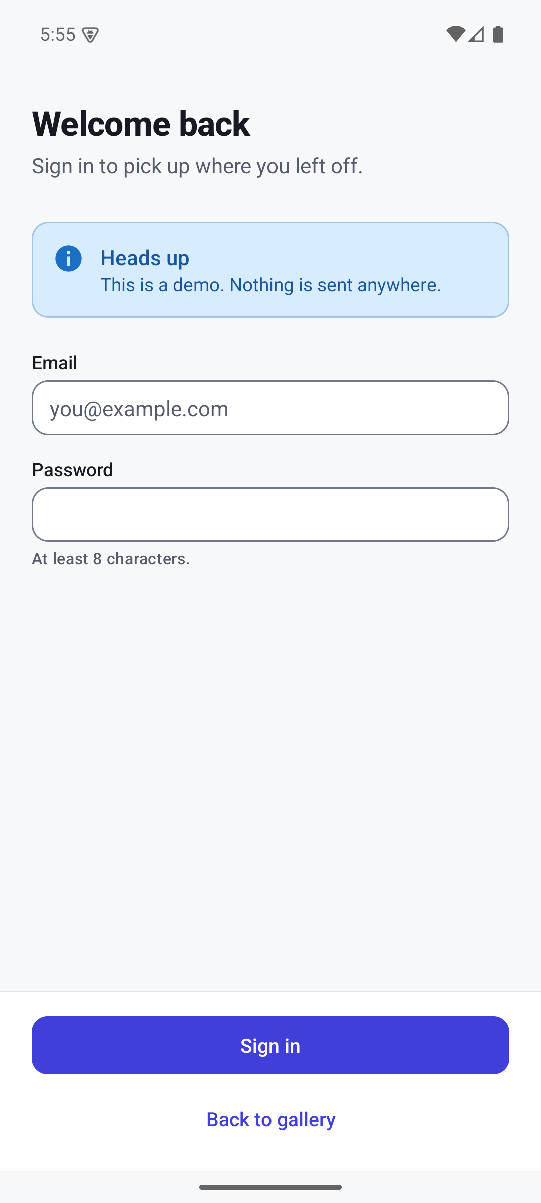 Sign-in page built on MdsScreenTemplate