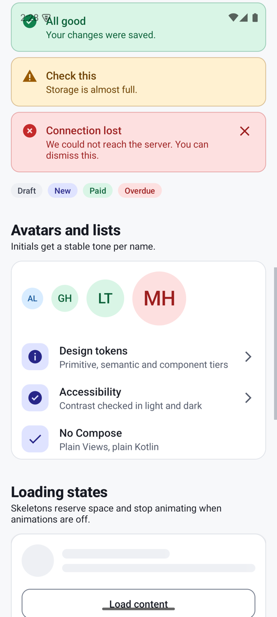 The gallery showing alerts, avatars and list items